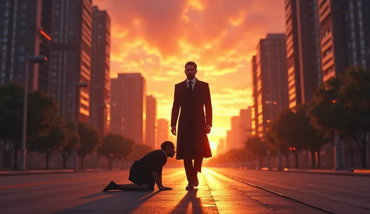  epic and impactful image of a man walking down the street during a Beautiful sunset.  The setting must be an urban street with buildings in the background ,  bathed in the golden light of the setting sun . The man is dressed elegantly,  with dark clothes ...