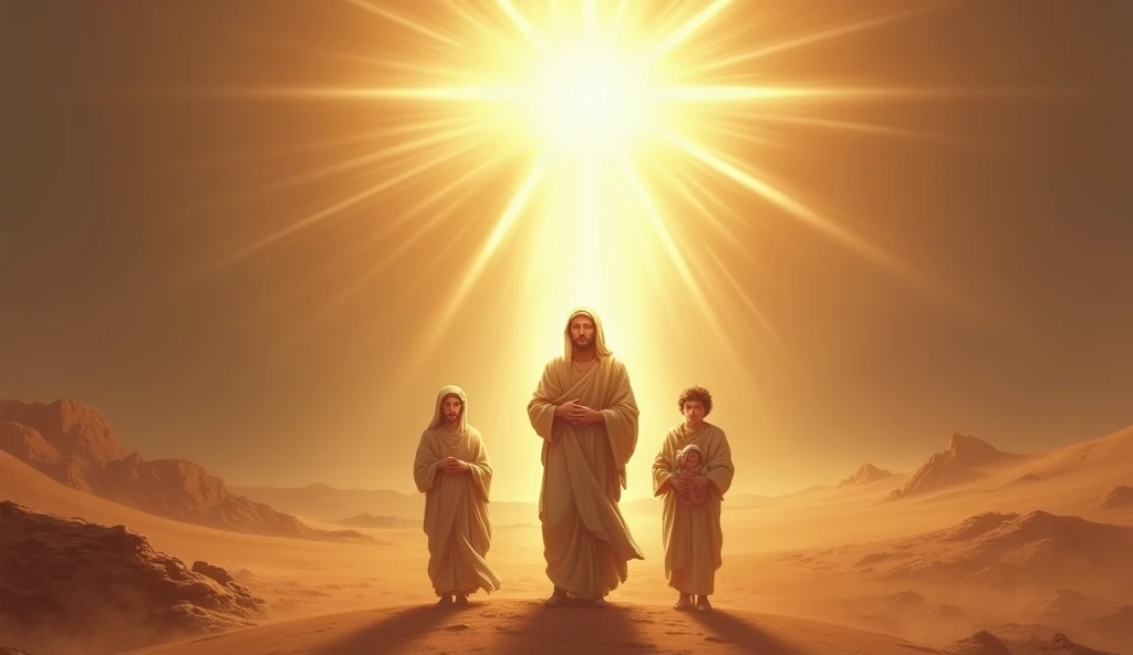  A heavenly light shining on Mary, Joseph and Jesus as they cross the desert .