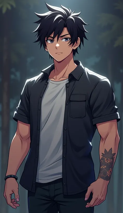 A 20-year-old boy named Luke, standing at 202cm tall, with black hair. He has a muscular build and is known for his gaming prowess. He is a popular Twitch streamer. In anime form and has serious look and an adult 