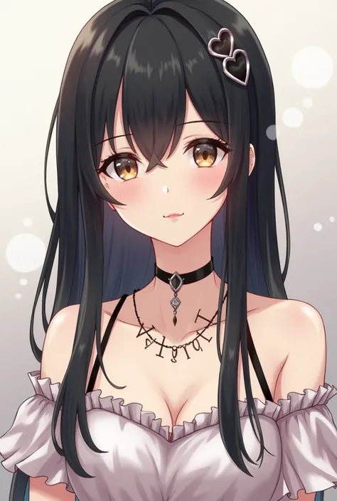  An anime-shaped girl from the waist up with black hair and who says ValeriArt somewhere on her body, It could be on the necklace 