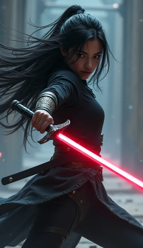 a warrior woman is fighting with a laser sword, her black hair is moving dynamically to the rhythm of the fight, white highlights, thin build, hyper-detailed, cinematic lighting, dramatic pose, fantasy art style, dark moody colors

