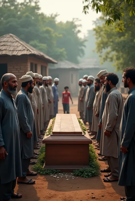 some bangladehi muslim men are stand one side infront of a muslims coffin, and side there some young guy are playing badminton, backround villages