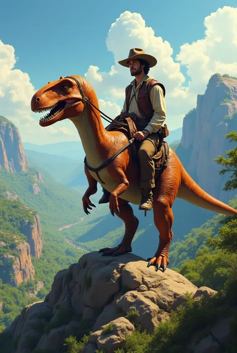 A man wearing forest ranger clothing in a style similar to Han Solo, riding a big hadrosaur with leather reins and saddle, on a mountain overlooking a lush valley filled with dinosaurs. The environment conveys an epic and adventurous atmosphere, with a vib...