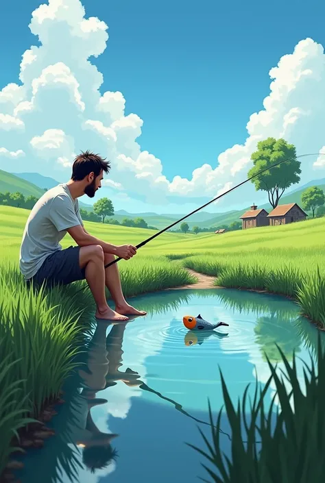 A serene rural scene featuring Lionel Messi casually fishing in a small, tranquil pond surrounded by lush greenery. Messi is wearing a simple T-shirt and shorts, holding a fishing rod while sitting on the edge of the pond. The background includes a bright ...