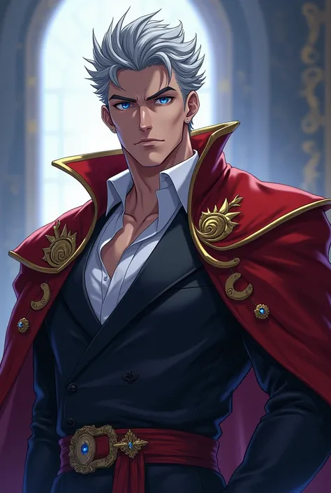 An anime male character age about 45 years greyish hairs blue eyes handsome with devilish charm very powerful with a powerful aura  wearing kings outfit looking handsome