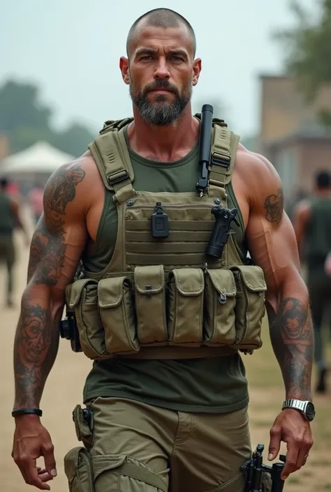   white skin ,   39 year old bodybuilder ,  special forces soldier ,   dressed in uniform after an insane battle , some tattoos ,  face with big, handsome beard ,   faces with high level of detail ,  focus on the entire body ,   Photograph long distance , ...