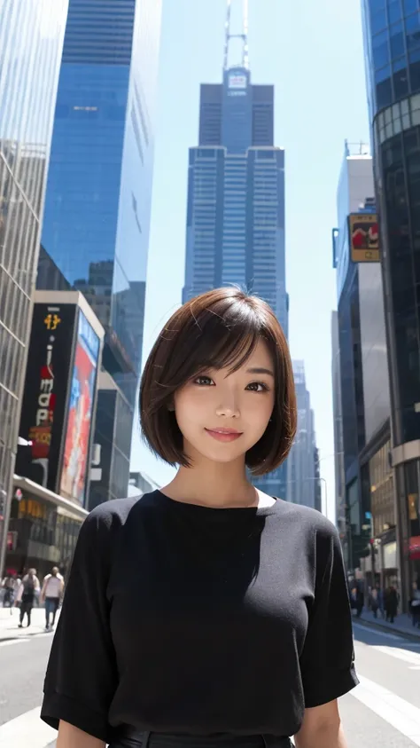 highest quality、genuine、Super detailed、finely、High resolution、8k wallpaper、one beautiful japanese woman Walking  Under the skyscraper、light brown short hair、sharp focus、perfect dynamic composition、beautiful and detailed eyes、thin short hair、Detailed genuin...