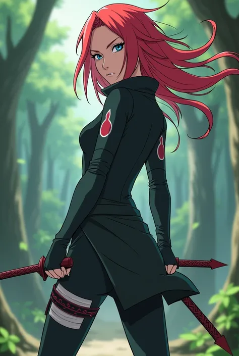 Female character based on Naruto and the Leaf Village , Who has red hair and blue eyes plus black clothing and Kunais Naruto Uzumakis twin sister