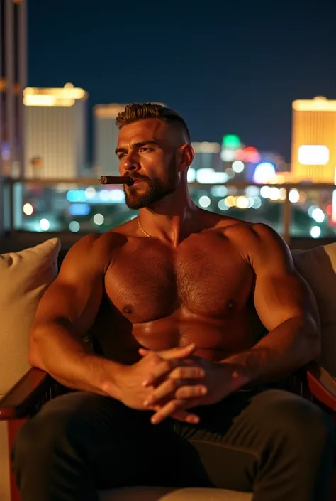 tanned white man , cabelo LOIRO buzzcut,  brown-eyed  ,shaped beard, Natural makeup ,fitness, muscular, sitting reclining,  smoking a cigar,  looking at the horizon with serious demeanor , shirtless, With his legs spread excitement erect penis , shirtless,...