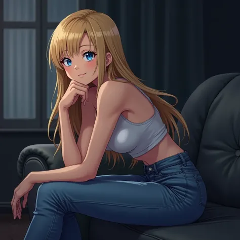 anime, female, woman, white form-fitting tank top, jeans, long blonde hair, sitting in sofa, leaning forward, resting chin on palm, subtle smile, blue eyes, dim-lit room, introspective, bending forward, elbow resting on legs, neutral face, toned arms, athl...