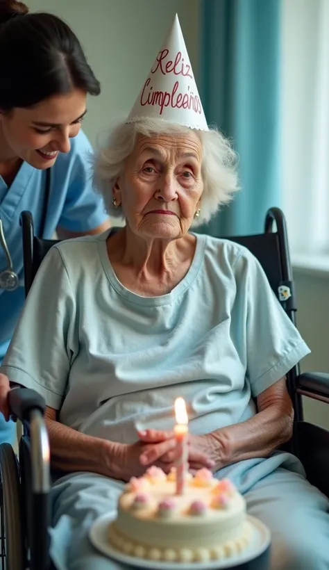 an elderly woman, with a fragile appearance, with sagging skin, sitting in a wheelchair. She is wearing a hospital gown and a party hat that says "Feliz Cumpleaños." There is a birthday cake with a lit candle in front of it. To one side, a nurse is leaning...