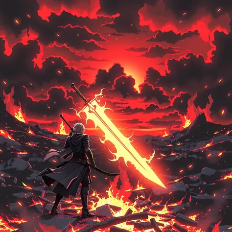 (best Quality), (CG Music Packaging), (No Text),no human, capturing an intense and heroic battle scene under a blood-red sky, where the horizon burns with fiery light. A lone warrior stands tall amidst the chaos, their glowing sword blazing with radiant en...