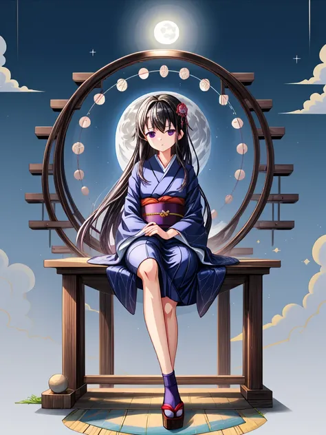  beautiful girl、super long hair with legs 、 black hair、 cute black kimono gothic、 sit on the floor、Full moon background、Shrine Background、 Japanese Knife 、 No Emotion、 looks up、 purple eyes、 One girl ,  high res,  minimalist,  top quality ,  elementary sch...