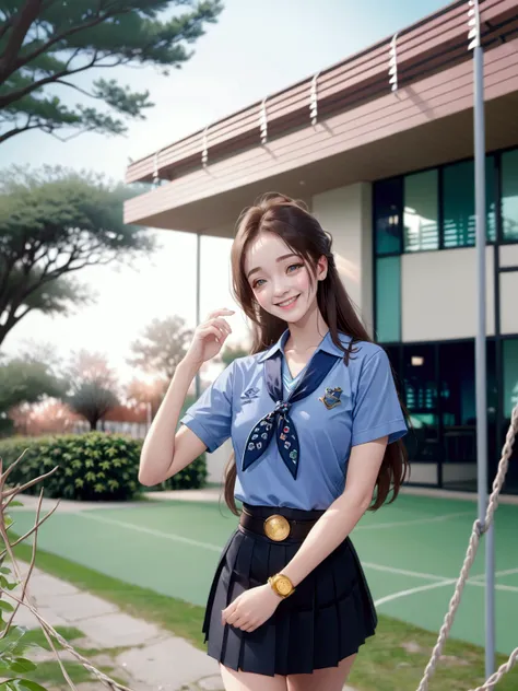 young woman, smiling with teeth, outdoor, soccer net behind her, {(+long hair, black hair, hair up hair down )}, { pastel indigo-blue short sleeves collared shirt, navy-blue neckerchief, navy-blue pleated pencil long skirt, black belt with gold circle buck...