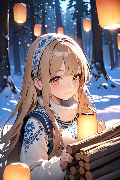 1 girl, (cute face), (long layered hair:1.2), (light brown eyes), small breasts, slim, (wearing a combination of a traditional Russian sarafan and padded armor), (with intricate embroidery), BREAK  
Snow-covered forest, frosty trees, (glowing lanterns:1.2)...