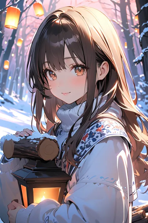 1 girl, (cute face), (long layered hair:1.2), (light brown eyes), small breasts, slim, (wearing a combination of a traditional Russian sarafan and padded armor), (with intricate embroidery), BREAK  
Snow-covered forest, frosty trees, (glowing lanterns:1.2)...