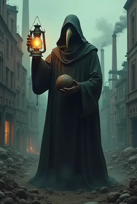 Plague doctor holding a lamp in his hand with a  in his lap ,  the  is wearing a gas mask in a city with destroyed polluting factories 