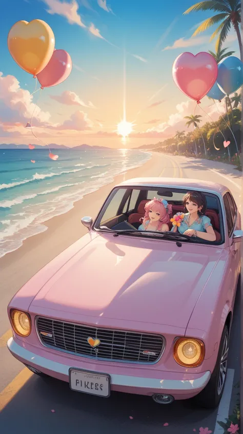 A romantic fantasy-style painting featuring a cute pink car on a seaside road during sunset. The car is decorated with numerous colorful heart-shaped balloons tied to it. The roadside is adorned with vibrant flowers of various types and colors, creating a ...