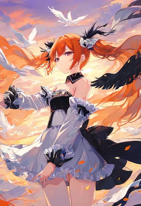  1 girl、 twin tails(( Silver Hair、 orange hair))、Feather hair ornament、 fashionable clothes、Sunset sky、White doves and crows are flying