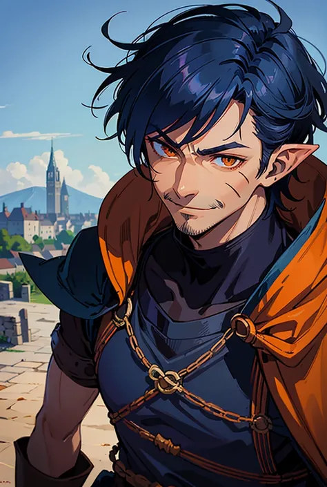 anime_style, masterpiece, high quality, best quality, man, tall, dark skin, dark blue hair, spiky hair, scar on face, orange eyes, pointy ears, serious smile, mustache, dressed as a medieval villager,  medieval town