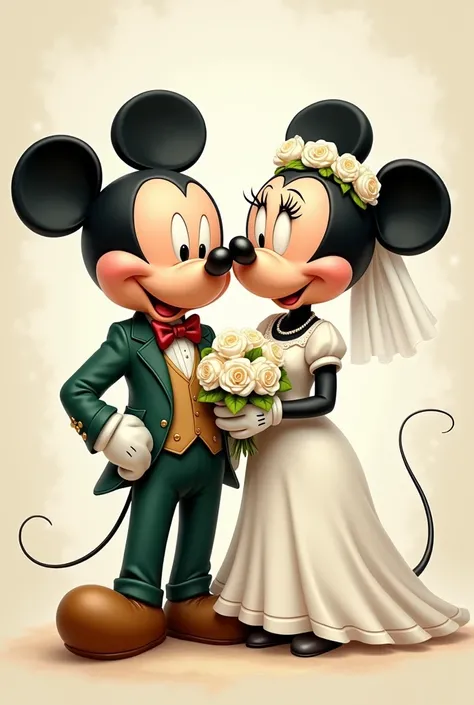 Cartoon of married Mickey and Minnie looking in front.  Mickey in green suit and brown tie .  Minnie in white dress and bouquet with white roses, with white rose tiara .