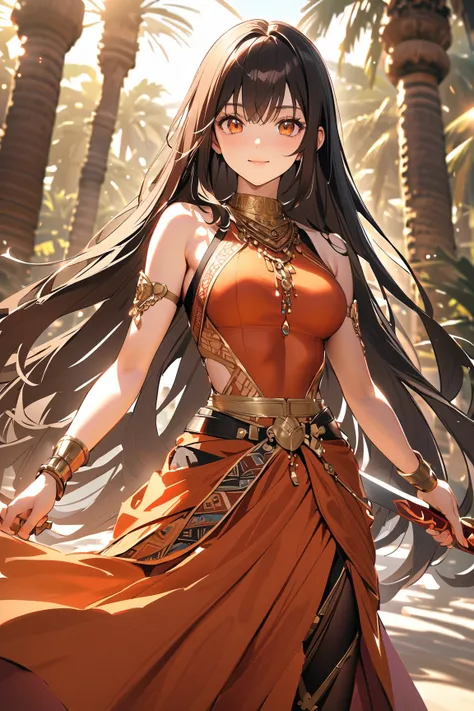 1 girl, (cute face), (shoulder-length straight hair:1.2), (amber eyes), medium breasts, slim, (wearing a blend of a traditional Middle Eastern dress and lightweight armor), (with ornate patterns), BREAK  
Desert oasis, palm trees, (shimmering water:1.2), (...