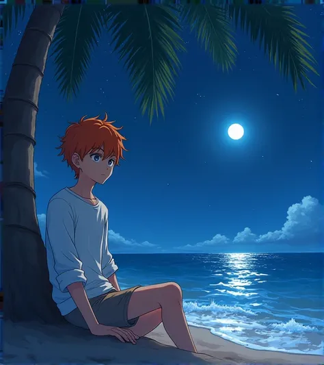  A 19-year-old anime-style man , To Love Ru,  sitting next to a palm tree leaning to the sea on Odiaba beach in Tokyo,  at night with a sky full of stars and a bright moon , He is 1. 78 cm high , Her body is slim and toned,  marked abdomen ,  has short wav...