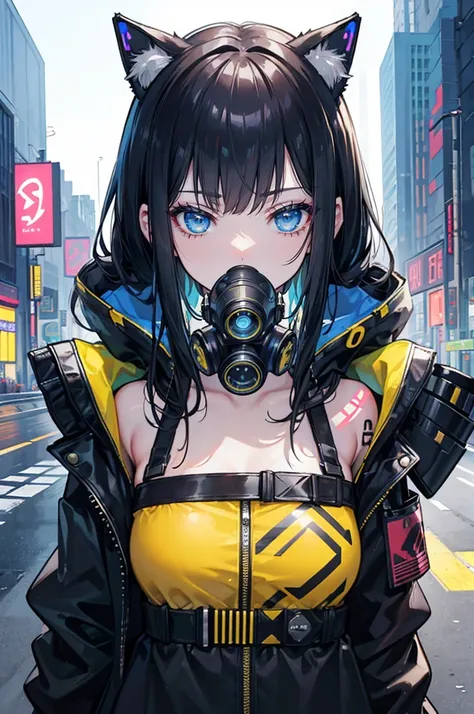 masterpiece, top quality, best quality, official art, beautiful and aesthetic:1.2),1girl, tattoo, solo, bikini, yellow biker jacket, cyber cat ear, cap, black hair, blue eyes, off shoulder, bare shoulders, looking at viewer, cyberpunk mask, metallic mouth ...