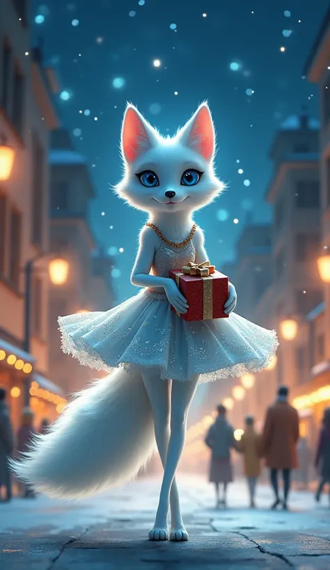 white fox leg long with dress christmas and shine eye blue in City the night ilumination in sky alone and shine spin and give presents for family human