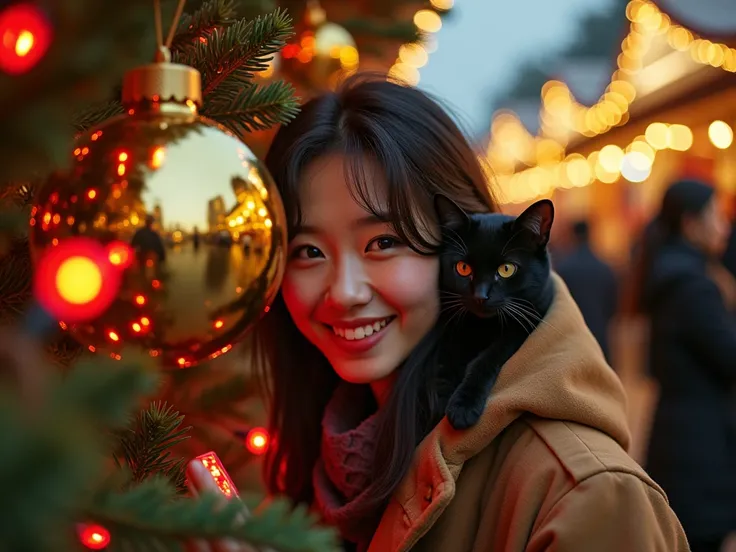 
A beautiful korea women ,face liked "ROSE BALCKPINK", in the evening market, holding phone, reflected in a large gold christmas ornament, surrounded christmas ornament by evergreen branches and glowing lights, there are a few red light bulbs flickering in...