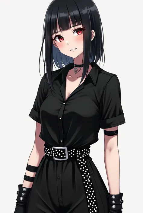  From anime with white skin and straight black hair ,   with a black blouse ,  with black bands on the arms and with black boots with white buttons and a black belt with white polka dots at the waist.