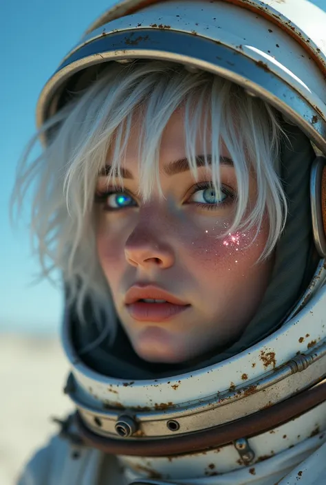 (Close-up of a better masterpiece:1.5)0.9], (Space and astronauts:1.2) (Messy silver hair:1.1) (Heterochromia xanthochromia and blue eyes:1.2) (Space Helmet:1.0) (Colored stars in the eyes:1.0) (A radiant glow:1.1) (thick lips:0.9),Beach