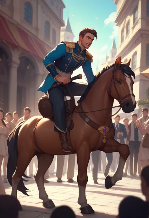 Prince riding a horse greeting a crowd(man)(fantasy)