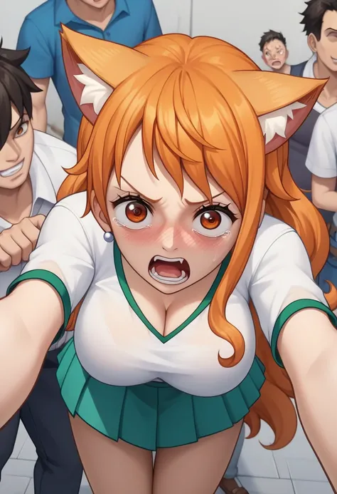 score_9, score_8_up, score_7_up, source_anime, best quality, clear face, Nami, orange hair, orange eyes, long hair, large breasts, perfect body, looking at viewer,embrassed cute pissed,nervous ,scared,watered eyes, china d, dynamic angle,blushing,embrassed...