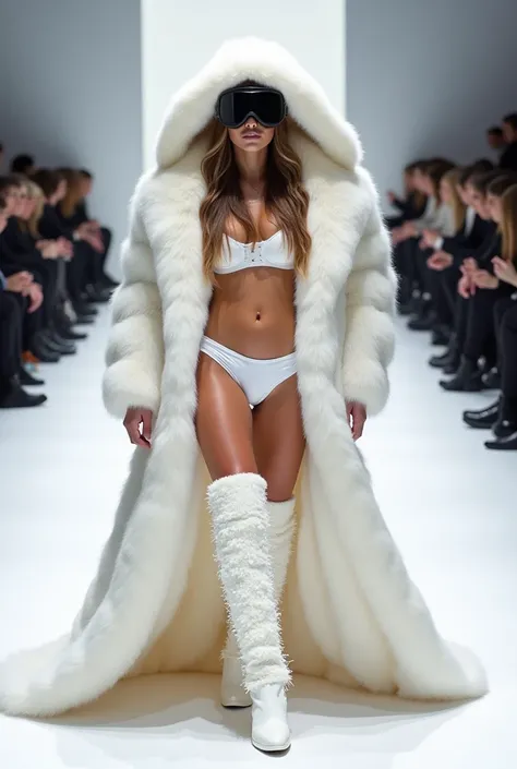 a beautiful woman wearing black ski goggles, white lingerie, a very wide and extremely thick white big mink fur coat hood up and loose, the coat is 200cm thick and fluffy, with an extremely thick white mink fur collar, 3 layers, (fur fashion show), nordic ...