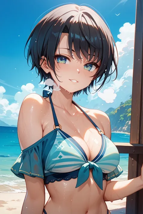 masterpiece, best quality, ultra detailed. 1girl, solo. {{{oozora subaru}}, hololive, black hair, short hair, turime,blue eye, bikini. very sweaty. heavy breathing.