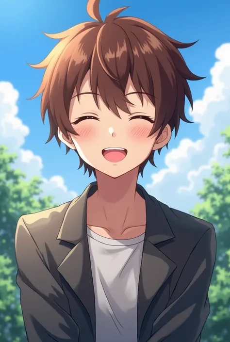 bright handsome anime guy, smiling (happy closed eyes), beautiful scenery background, ash brown hair, nice clothes fashio, hot and good looking