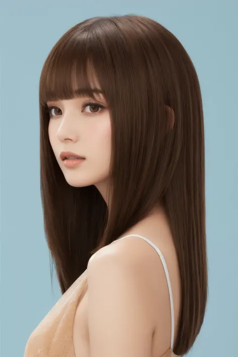 shoulder length, straight hair, blunt bangs, brown hair, face up, resort