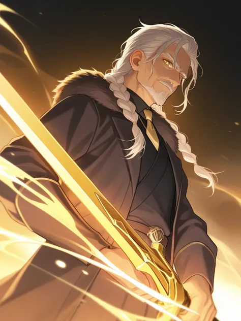  A 20-YEAR-OLD MAN WITH BRAIDED BLOND HAIR, with golden eyes, USING A LARGE GOLDEN SWORD IN THE HANDS 