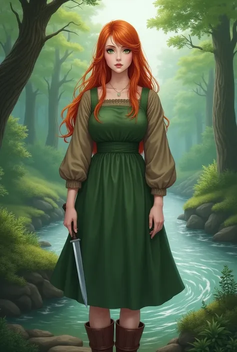 White skinned women with misty green eyes, long orange red hair, wearing a peasant green dress with brown sleeves, brown boots, all body, masterpiece, best quality, high quality, mature women, anime style, (((light ilumination))), forest with river at back...