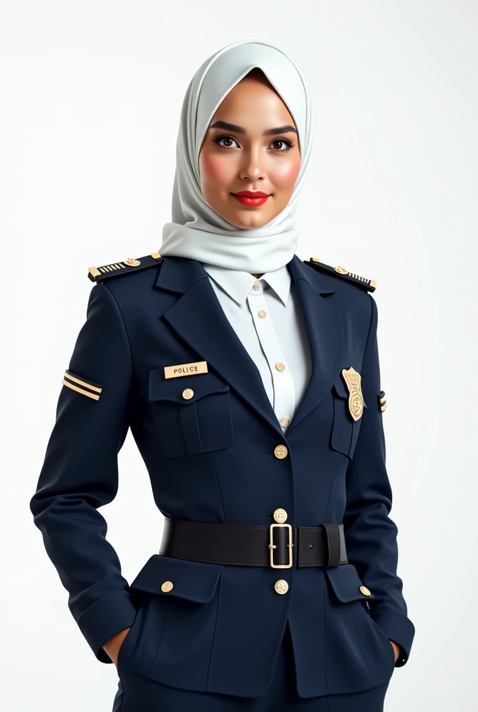 Hyper-realistic full body photography of a pretty moslem woman in her 20s wearing tight simple white hijab, slight smile with police officer uniform with badges, black police hat. moist bright fair skin, red lips, slight smile, with visible material textur...