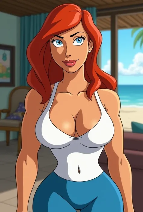 very beautiful very sexy and very muscular  female body builder that is Lois Griffin from Family Guy that is looking straight at the camera lens and standing in the family room of her beach house close to the camera up close and looking right at the camera...