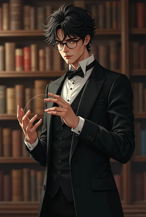 Detailed male servant with scrambled black hair , glasses and brown eyes , con traje formal que se encuentra en una biblioteca visto de  Full body  con dos hilos  que manipula con hilos que salen de sus dedos, They are magicians ,  Full body .