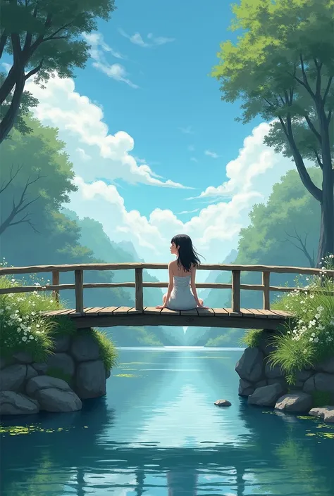 Lake or river and a woman sitting in a bridge