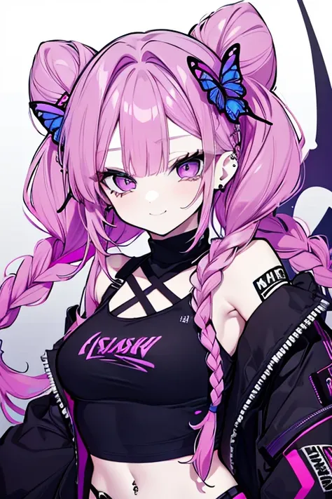 a beautiful woman with pink and purple hair, 2 buns, long braids coming out of the buns, piercings, black camisole, cool girl, cool outfit, midriff exposed, butterfly tattoo, seductive smile, battle scene, combat ready, armed, assassin