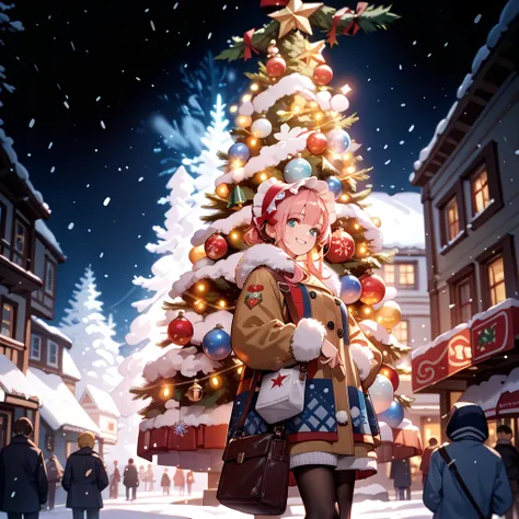 a Christmas tree in the background of the focus image, snowy night, a girl in a coat and bonnet on the side of the focus image too, smiling and pointing at the tree,