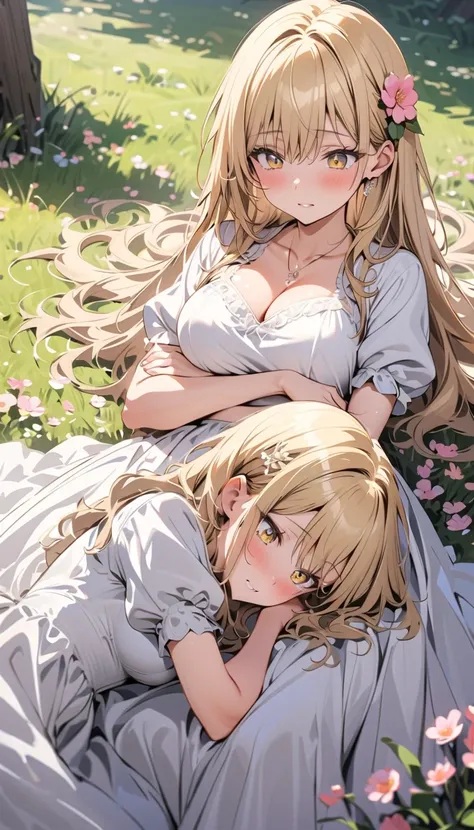 (masterpiece), best quality, expressive eyes, perfect face,anime ,two anime woman hugging and laying down in the grass with flowers around them, breasts, multiple girls, flower, 2girls, dress, blonde hair, long hair, yuri, white dress, cleavage, sitting, h...