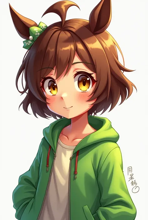 a girl, short hair tied like a horse, brown hair, yellow eyes, wearing a green jacket, cartoon, 