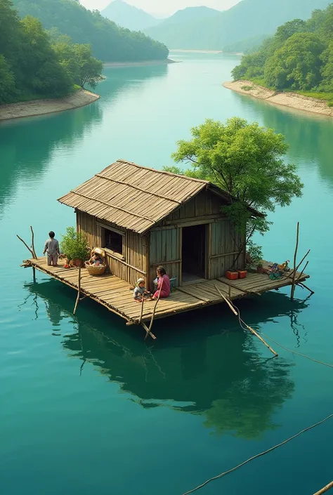 Make a painting of a house rafted by residents on the wide Musi River