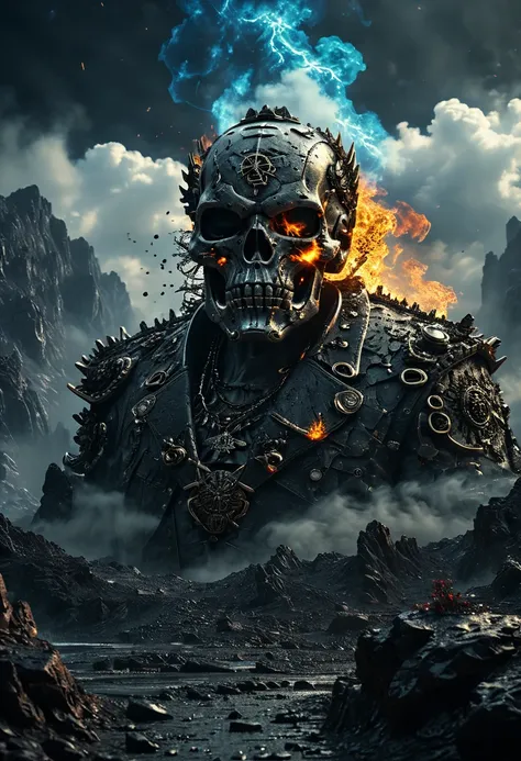 Ultra-detailed 16K resolution, Realistic Apocalypse with Astro Twist. The skull, reminiscent of a rock star, is featured in intricate detail against a backdrop of chaos. Smoke engulfs the scene, flames rage, and lightning illuminates the sky. The celestial...